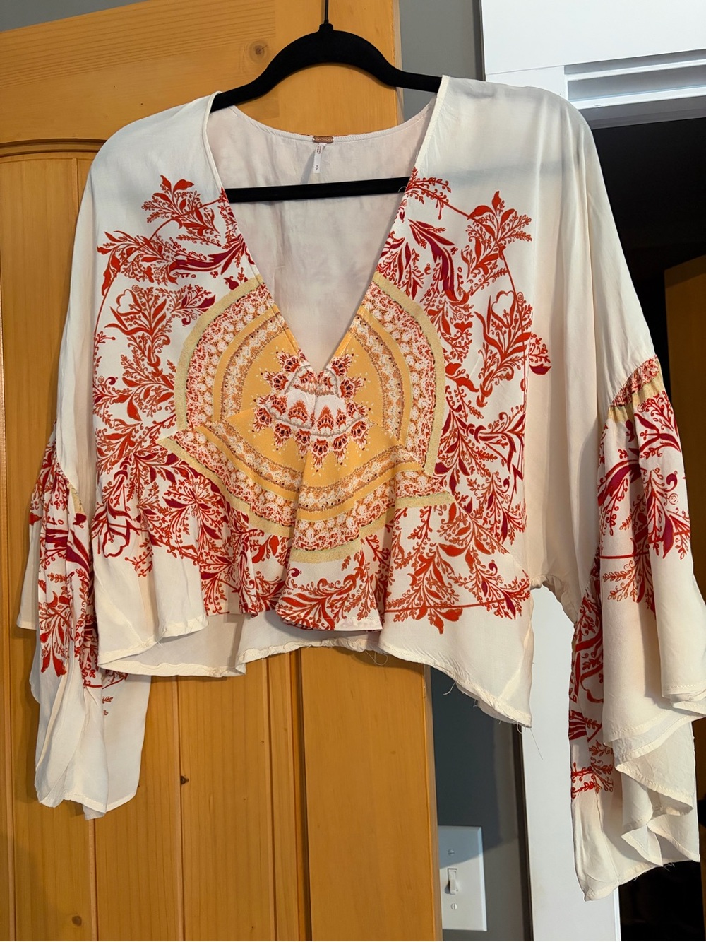 Free People Cream Boho V-Neck Blouse with Red and Yellow Motif
